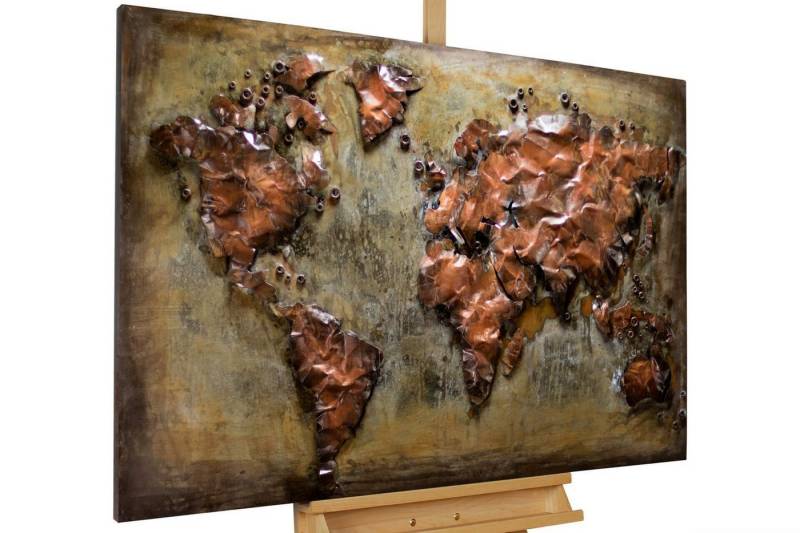 KUNSTLOFT Metallbild Metal Map 100x70 cm, handgefertiges Wandrelief 3D von KUNSTLOFT