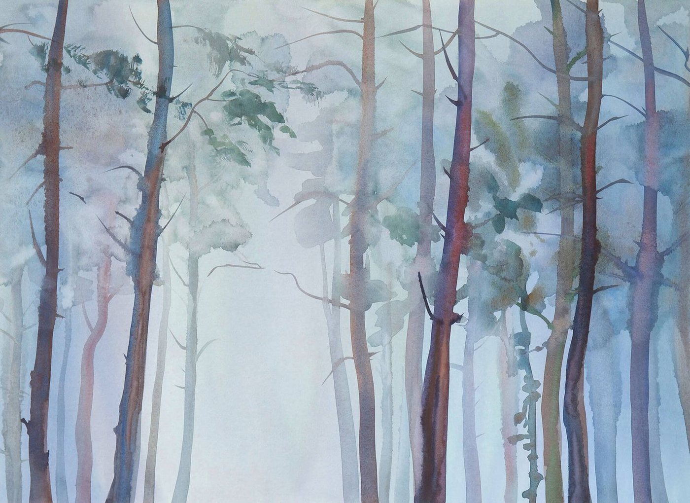 KUNSTLOFT Vliestapete Aquarelle Forest 3.5x2.55 m, Leicht glänzend, lichtbeständige Design Tapete von KUNSTLOFT