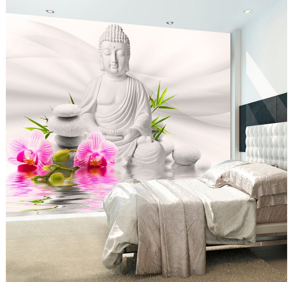 KUNSTLOFT Vliestapete Buddha und Orchideen 2.5x1.75 m, halb-matt, lichtbeständige Design Tapete von KUNSTLOFT