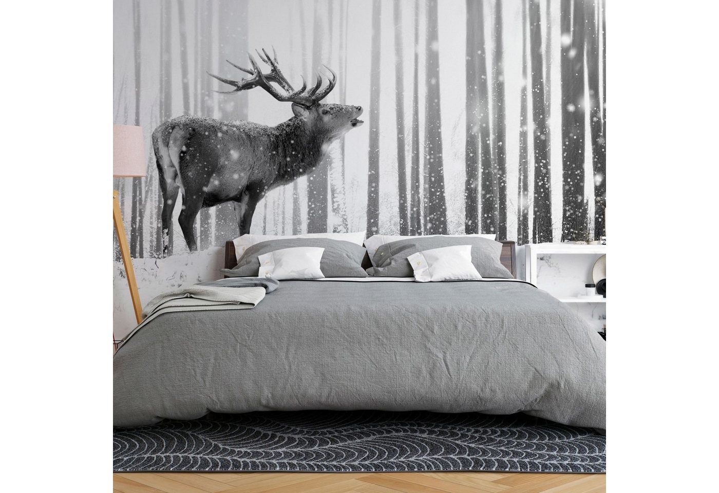 KUNSTLOFT Vliestapete Deer in the Snow (Black and White) 1x0.7 m, halb-matt, lichtbeständige Design Tapete von KUNSTLOFT