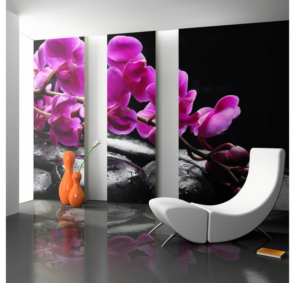 KUNSTLOFT Vliestapete Pure Harmonie: Orchidee und Zen - Steine 2x1.54 m, halb-matt, lichtbeständige Design Tapete von KUNSTLOFT