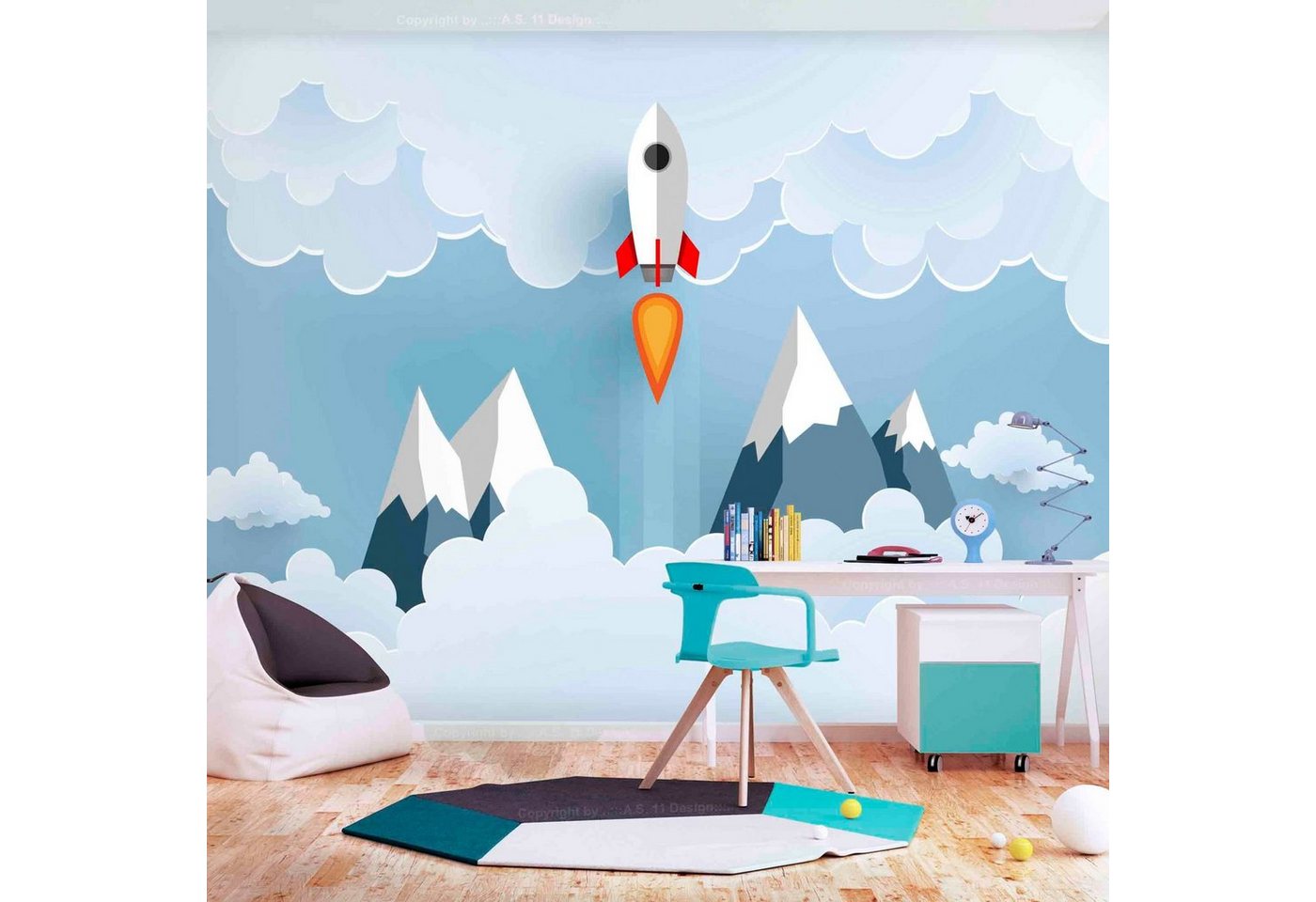 KUNSTLOFT Vliestapete Rocket in the Clouds 1.96x1.4 m, halb-matt, matt, lichtbeständige Design Tapete von KUNSTLOFT