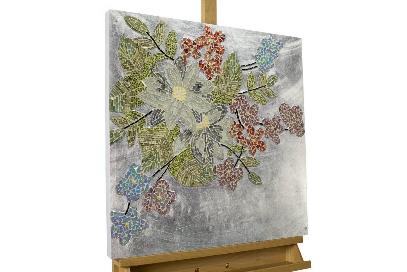 KUNSTLOFT Wandbild Wondrous Blooms 61x61 cm, handgefertiges Mosaik Wandrelief aus Glas von KUNSTLOFT