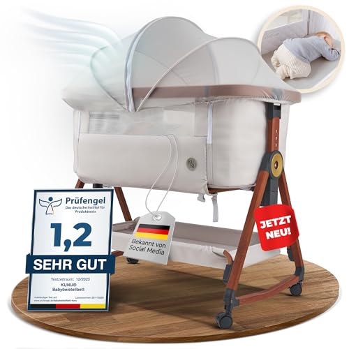 KUNU® besonderes Baby-Beistellbett 2.0 – Sicher getestet & vielseitig einsetzbar – Mit Rollen- & Wiegefunktion – Höhenverstellbar – Babyoptimierte Matratze – Inkl. Reisetasche – Von Eltern für Eltern von KUNU