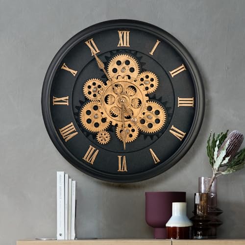 Wanduhr Groß mit Beweglichen ZahnräDern, Industrial Steampunk Wanduhren, Wanduhr Deko Wohnzimmer Vintage Wanduhr Modern Retro Schwarz Romische Zahlen 40 cm für KüChe Wohnzimmer Bar, ABS-Material von KUNY