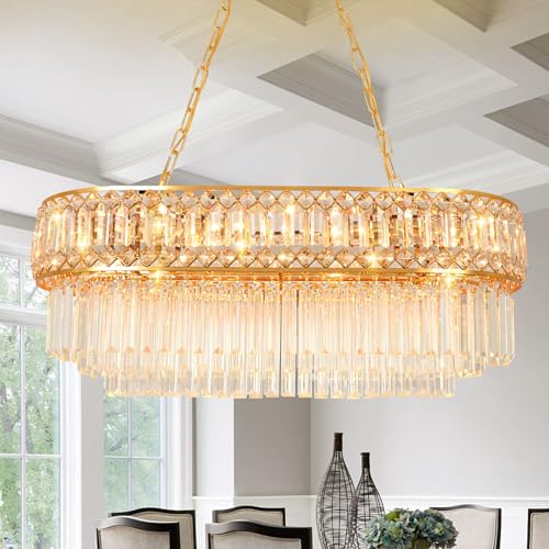 KUNYEEE Modern Kristall Pendelleuchte Gold Kronleuchter, Oval Kristall Hängeleuchte, Häengelampe für Wohnzimmer, Esszimmer, Schlafzimmer, Restaurant, E14 x 8, 80 x 30 cm von KUNYEEE