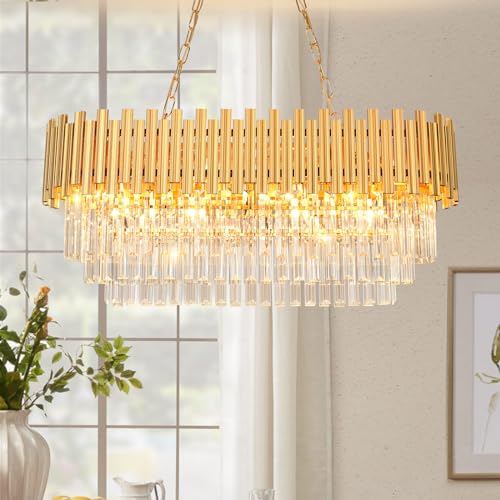 KUNYEEE Modern Kristall Pendelleuchte Gold Kronleuchter, Oval Kristall Hängeleuchte, Häengelampe für Wohnzimmer, Esszimmer, Schlafzimmer, Restaurant, E14 x 8, 80 x 30 cm von KUNYEEE