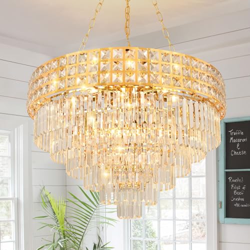 KUNYEEE Modern Kristall Pendelleuchte Gold Kronleuchter, Rund Kristall Hängeleuchte, Häengelampe für Wohnzimmer, Esszimmer,Schlafzimmer, Restaurant, E14 x 8, Ø60 cm von KUNYEEE