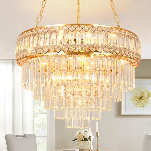 KUNYEEE Modern Kristall Pendelleuchte Gold Kronleuchter, Rund Kristall Hängeleuchte, Häengelampe für Wohnzimmer, Esszimmer,Schlafzimmer, Restaurant, E14 x 8, Ø55 cm von KUNYEEE