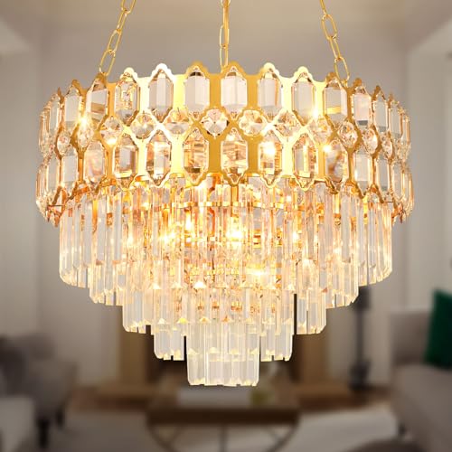 KUNYEEE Modern Kristall Pendelleuchte Gold Kronleuchter, Rund Kristall Hängeleuchte, Häengelampe für Wohnzimmer, Esszimmer,Schlafzimmer, Restaurant, E14 x 8, Ø60 cm von KUNYEEE