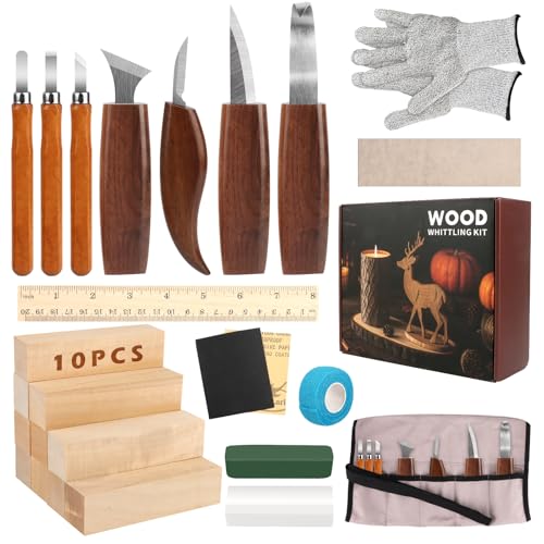 KUOFANY 26-teiliges Schnitzwerkzeug Holz Schnitzset, HolzSchnitzset Carving Kit, Schnitzmesser Set für Anfänger, Holzschnitzwerkzeug Geschenk mit Handschuhe, Lindenholz und Anspitzer von KUOFANY