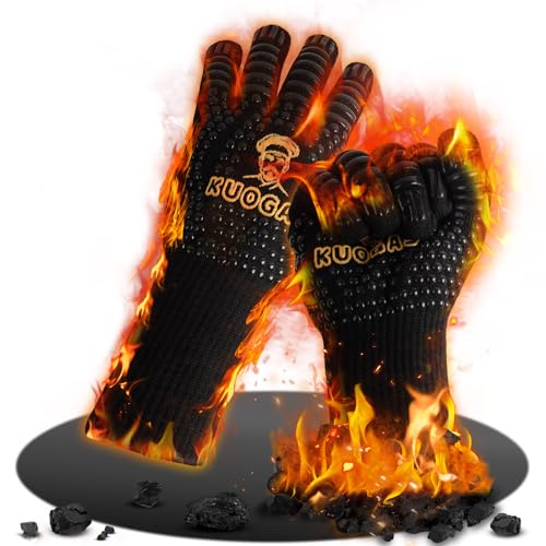 KUOGAS Grillhandschuhe Hitzebeständig bis 800°C, Ofenhandschuhe Topfhandschuhe Feuerfeste Handschuhe BBQ Handschuhe Kochhandschuhe Backhandschuhe Backofenhandschuhe, aus Baumwolle (Black, M) von KUOGAS