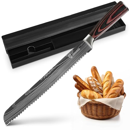 KUOGAS Brotmesser mit Wellenschliff 26 cm aus hochwertigem rostfreiem Edelstahl, extra scharfe Messerklinge mit ergonomischem Pakkaholzgriff (26 Cm Brotmesser mit Holzgriff) von KUOGAS