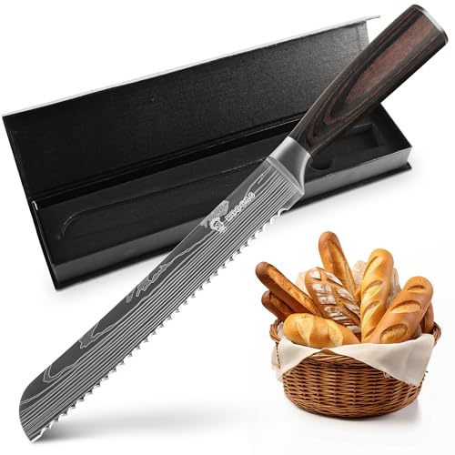 KUOGAS Brotmesser mit Wellenschliff 20 cm aus hochwertigem rostfreiem Edelstahl, extra scharfe Messerklinge mit ergonomischem Pakkaholzgriff (20 Cm Brotmesser mit Holzgriff) von KUOGAS