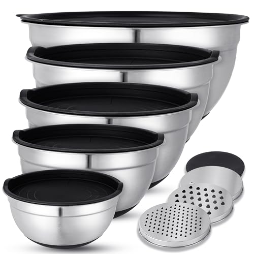 KUOGAS Rührschüssel mit Deckel 5er Set, Edelstahl SalatschüSsel set mit Luftdichtem Deckel, 3 ReibenaufsäTzen,groß Rutschfest SchüSsel mit Deckel,Stapelbar,Spritzschutz,SpüLmaschinenfest von KUOGAS