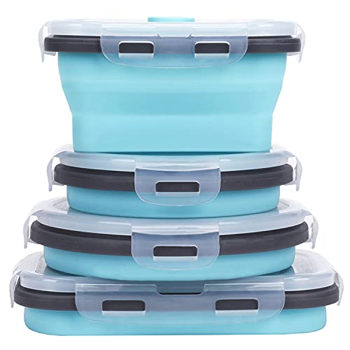 KUON Faltbarer Silikon-Aufbewahrungsbehälter, 4 Faltbare und Wiederverwendbare Lebensmittel-Aufbewahrungsboxen Lunchbox, BPA-frei, ofen- und mikrowellengeeignet (blau, 500ml und 800ml) von KUON