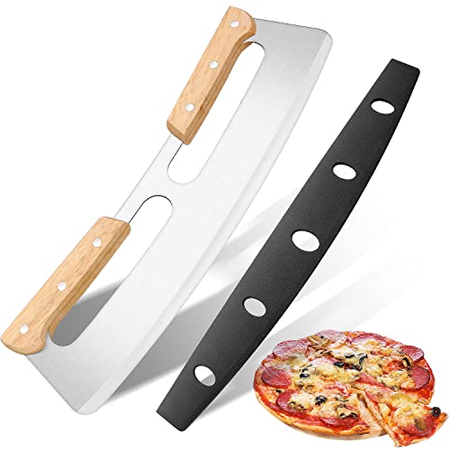 KUONIIY Pizza Wiegemesser, Pizzaschneider mit Doppeltem Holzgriff, Pizzamesser aus Edelstahl mit Schutzhülle, Geeignet zum Schneiden von Pizza, 35 cm von KUONIIY