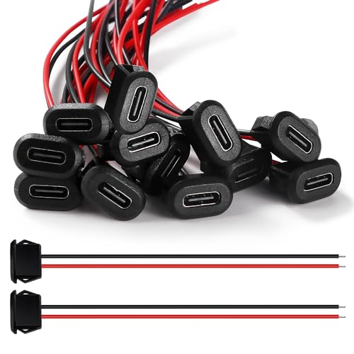KUOQIY 12 Stücke 3A 2 Polige USB-C Buchse, USB C Buchse mit Schnappnut Schnalle, 2-Draht Einbau Typ-C-Buchse mit 100mm 24 AWG Drähten, Schwarz KUOQIY 12 Stücke 3A 2 Polige USB-C Buchse, USB C Buchse mit Schnappnut Schnalle, 2-Draht Einbau Typ-C-Buchse mit 100mm 24 AWG Drähten, Schwarz von KUOQIY