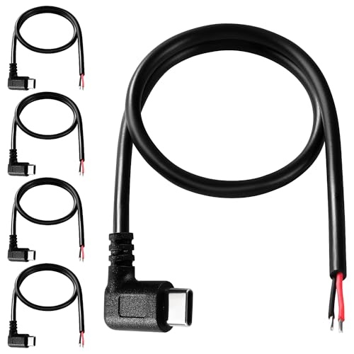 KUOQIY 5 Stücke 30cm 22AWG 90 Grad USB Typ C Stecker Pigtail Stromkabel, 5V 3A USB-C-Stecker auf 2-Poligen Blanken Draht Offenes Ende, USB Typ C Pigtail Kabel-Verlängerungskabel, für LED-Leuchten von KUOQIY