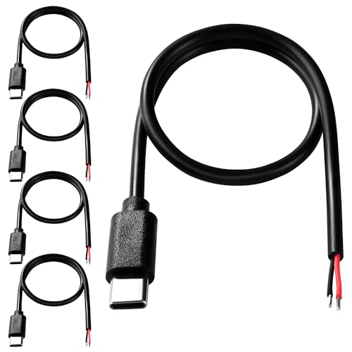 KUOQIY 5 Stücke 30cm 22AWG USB Typ C Stecker Pigtail Stromkabel, 5V 3A USB-C-Stecker auf 2-Poligen Blanken Draht Offenes Ende, USB Typ C Pigtail Kabel-Verlängerungskabel, für LED-Leuchten, Fans von KUOQIY