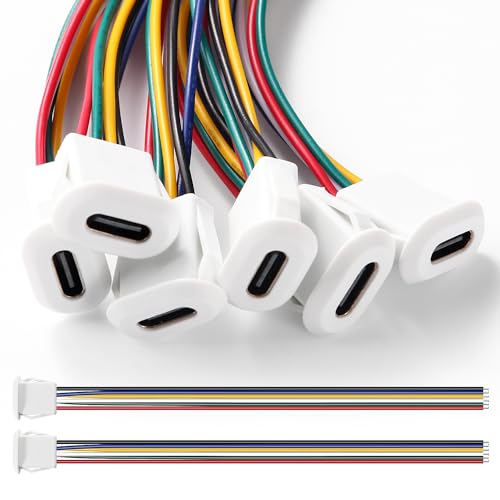 KUOQIY 6 Stücke 3A 6 Polige USB-C Buchse, USB C Buchse mit Schnappnut Schnalle, 6-Draht Einbau Typ-C-Buchse mit 150mm 24 AWG Drähten, Weiß von KUOQIY