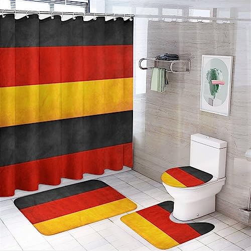 KUPTYEZR Badematten Set 4 teilig, Deutschland Flagge Duschvorhang mit Anti-Rutsch Badematten für Badezimmer von KUPTYEZR