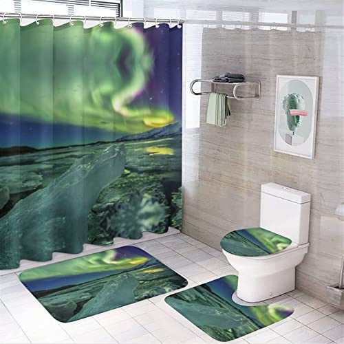 KUPTYEZR Badezimmermatten Set 4 Stück, Schöne Nordlichter Duschvorhang mit Anti-Rutsch-Badematten für Badezimmer von KUPTYEZR