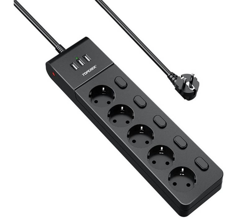 KUPU Mehrfachsteckdose mit 3 USB Mehrfachsteckdose 5-fach (Ein- / Ausschalter, Überlastungsschutz, Übertemperaturschutz, Kurzschlussschutz, Kabellänge 2 m), 8in1 Multifunktions-Mehrfachsteckdose mit Einzeln Schaltbar,2M Kabel von KUPU