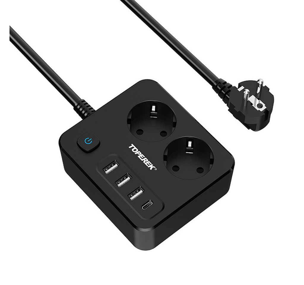 KUPU Mehrfachsteckdose mit 3USB-A&1USB-C Mehrfachsteckdose 2-fach (Ein- / Ausschalter, USB-Anschlüsse, Überspannungsschutz, Übertemperaturschutz, Kurzschlussschutz), Multifunktions-Mehrfachsteckdose mit Einzeln Schaltbar,2M Kabel von KUPU