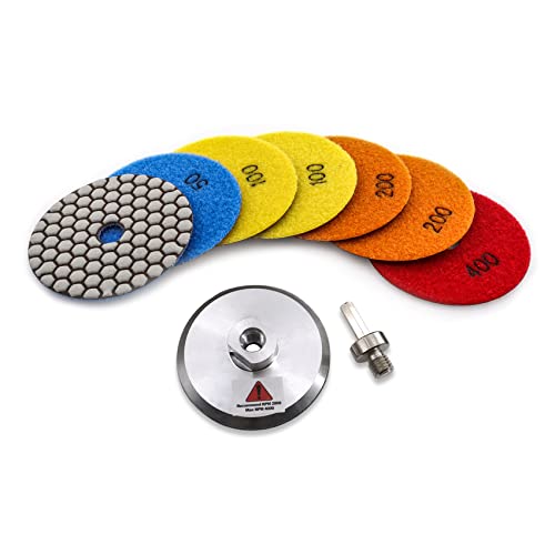 KURSTOL Diamant Polierscheibe Set Trocken - 4″/100mm 7st Polierpads Körnung 50x2/100x2/200x2/400, 1st M14-Gewinde Aluminium-Stützteller, 1st Adapter für Granit Marmor Kunststein Quarz von KURSTOL