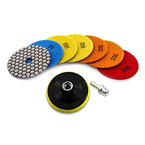 KURSTOL Diamant Polierscheibe Set Trocken - 4″/100mm 7st Polierpads Körnung 50x2/100x2/200x2/400, 1st M14-Gewinde Kunststoff-Stützteller, 1st Adapter für Granit Marmor Kunststein Quarz von KURSTOL