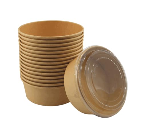 KURTT - 100 Stück Karton-Salatschalen mit Deckel - 1300 ml Kraftsalatschüssel - Pokébowl - 1300cc - brauner Behälter - Runde Salatschale mit Deckel - 1300ml - Lunchbox - Takeaway Behälter, PK-1300ML von KURTT