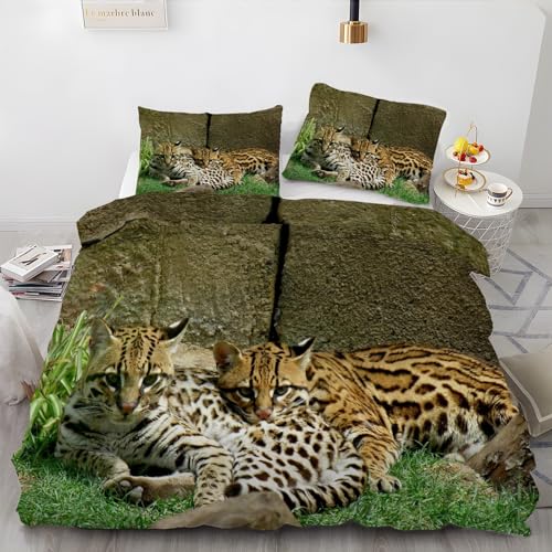Bettwäsche 135x200 Ozelot-Tierwelt Bettwäsche Set 3D Bedruckte Bettbezug Set mit ReißVerschluss, Weich Flauschige Hypoallergen Bettbezug + 2 Kissenbezug von KUSHA
