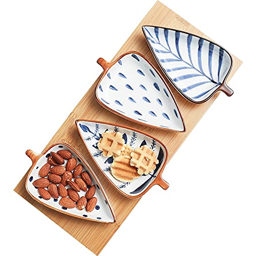 Dip-Schüssel-Set aus Keramik, Blattform, Servierschalen mit Holzsockel, 85 ml, 4 Stück von KUSO