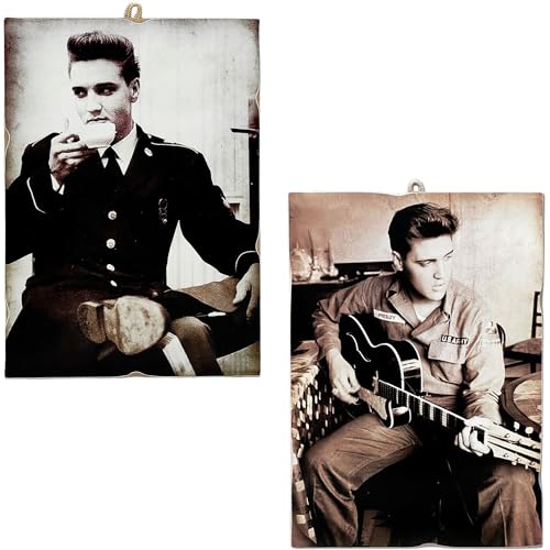 KUSTOM ART 2 Wandbilder Elvis Presley mit Gitarre und Kaffee Druck auf Holz 15 x 10 cm. von KUSTOM ART