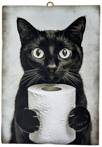 KUSTOM ART Bild Serie Tiere Einrichtung Toilette Katze schwarz mit Toilettenpapier Druck auf Holz 25 x 18 cm von KUSTOM ART