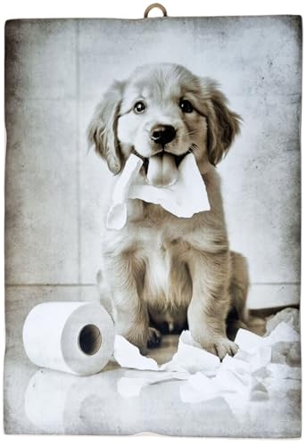 KUSTOM ART Bild Serie Tiere Einrichtung Toilette Welpe Hund Golden Retriever mit Toilettenpapier Druck auf Holz 25 x 18 cm von KUSTOM ART
