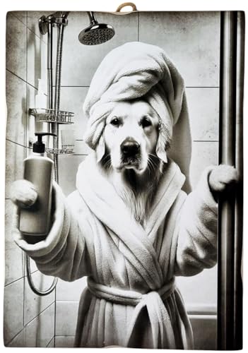 KUSTOM ART Bild Serie Tiere Toilette Hund Golden Retriever in Bademantel Druck auf Holz 25 x 18 cm von KUSTOM ART
