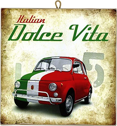 KUSTOM ART Bild im Vintage-Stil, Das süße Leben (Fiat 500 Tricolor), Druck auf Holz 15 x 15 cm von KUSTOM ART