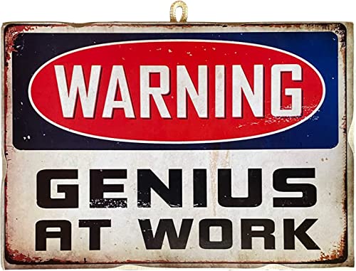 KUSTOM ART Bild im Vintage-Stil, quadratisch, Serie Old Reclame Warning Genius at Work, Druck auf Holz, 25 x 18 cm. von KUSTOM ART