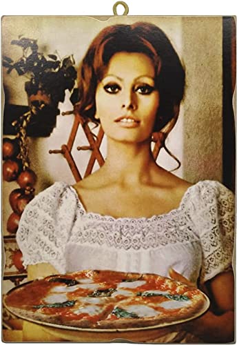 KUSTOM ART Bild im Vintage-Stil, berühmte Schauspieler, Sophia Sofia Loren, die Pizza serviert, Druck auf Holz, für Möbel, Restaurant, Pizzeria Bar Hotel 40 x 30 cm. von KUSTOM ART