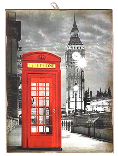 KUSTOM ART CUCUBA Bild im Vintage-Stil, Serie London Big Ben and Red Telephone Box, Druck auf Holz 24 x 17 cm von KUSTOM ART