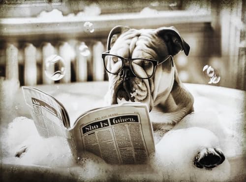 KUSTOM ART Dekoratives Wandposter Serie Tiere Dekor Toilette Hund Boxer mit Brille auf Badewanne Kunstdruck auf beschichtetem Papier 40x30cm ohne Rahmen von KUSTOM ART