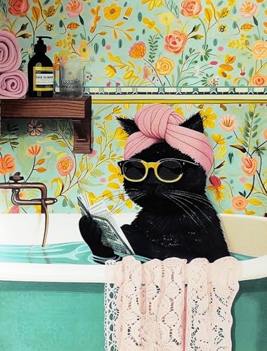 KUSTOM ART Dekoratives Wandposter Serie Tiere Einrichtung Toilette Katze in der Badewanne Kunstdruck auf beschichtetem Papier 40 x 30 cm ohne Rahmen von KUSTOM ART