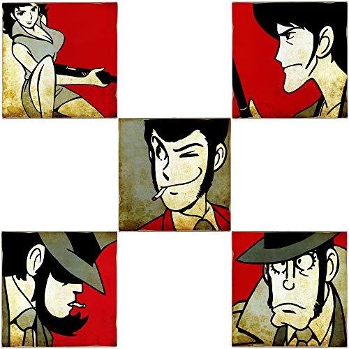 KUSTOM ART Serie von 5 Bildern im Vintage-Stil Lupin III: Lupin, Goemon, Jigen, Fujiko, Zenigata aus der Kollektion, Druck auf Holz, Geschenkidee von KUSTOM ART