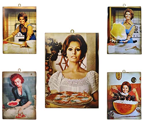 KUSTOM ART Set 5 Gemälde im Vintage-Stil, berühmte italienische Schauspieler, Sofia Sophia Loren, Druck auf Holz (4 x 25 x 18 cm+1 x 40 x 30 cm). Möbel Pizzerien, Restaurants usw. von KUSTOM ART