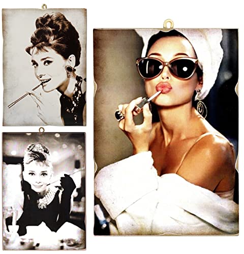 KUSTOM ART Set mit 3 Bildern, Vintage-Stil, berühmte Schauspieler, Audrey Hepburn, Druck auf Holz 18 x 25 (1) und 15 x 10 (2) cm. von KUSTOM ART