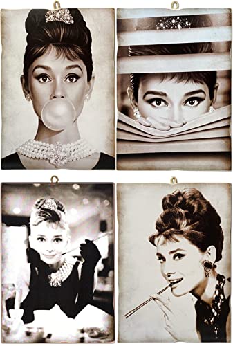 KUSTOM ART Set mit 4 Gemälden im Vintage-Stil, berühmte Schauspieler, Audrey Hepburn, Druck auf Holz, 18 x 25 cm. von KUSTOM ART