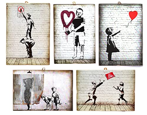 KUSTOM ART Set mit 5 Bildern, Vintage-Stil, Bansky-Serie, Druck auf Holz, 18 x 25 cm. von KUSTOM ART