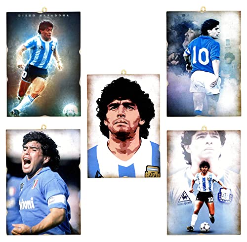 KUSTOM ART Set mit 5 Bildern, Vintage-Stil, Diego Armando Maradona El Pibe de Oro D10S, Druck auf Holz, 25 x 18 cm. von KUSTOM ART